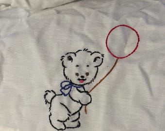 Vintage German hand stitched baby pillow case bear and balloon