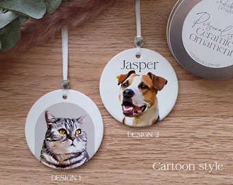 Personalised Pet Portrait Ceramic Ornament, pet cartoon print, Pet Memorial, Pet Christmas Decoration,  Keepsake.