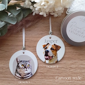 Personalised Pet Portrait Ceramic Ornament, pet cartoon print, Pet Memorial, Pet Christmas Decoration,  Keepsake.