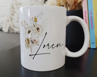 Botanical Bouquet personalised mug, Ceramic custom mug, bridesmaid gift, mothers day, birthday, teacher.