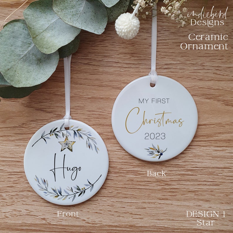 Personalised Ceramic Ornament, My First Christmas, Christmas, First Christmas, Star or berries ornament, Noir Christmas Ornaments, Keepsake. image 2