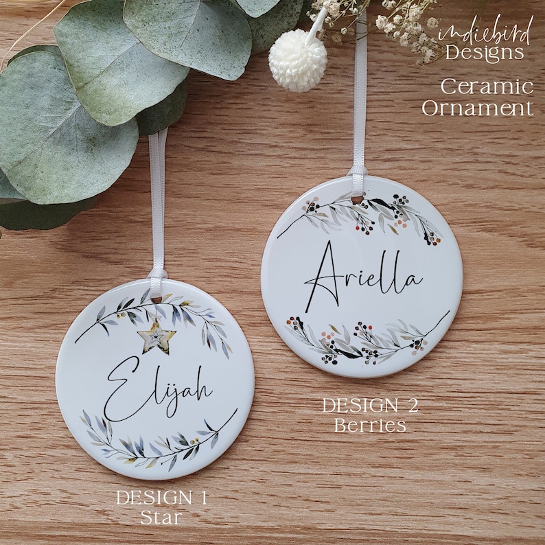 Personalised Ceramic Ornament, My First Christmas, Christmas, First Christmas, Star or berries ornament, Noir Christmas Ornaments, Keepsake. image 1