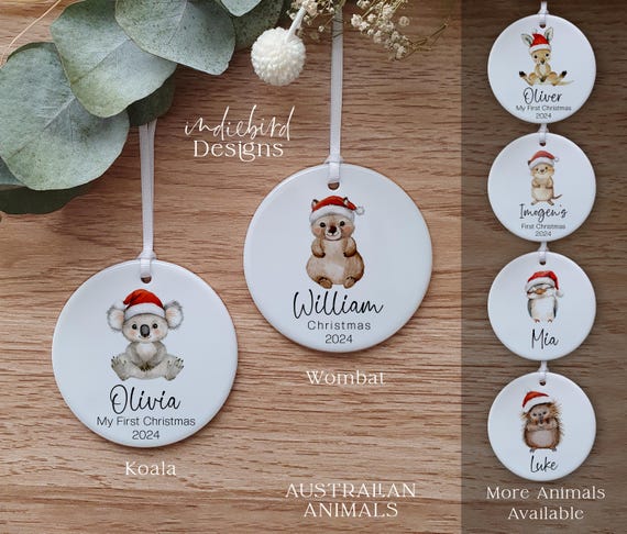 Personalised Australian Animals Ceramic Ornament, Koala, Kangaroo, Wombat, Quokka, Platypus, Echidna, Dingo, Australian Christmas, Gift.