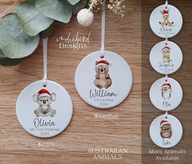 Personalised Australian Animals Ceramic Ornament, Koala, Kangaroo, Wombat, Quokka, Platypus, Echidna, Dingo, Australian Christmas, Gift. image 1