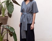 40% off Grey short sleeve blouse,loose top,waist belted shirt,knotted shirt,summer tops,casual tops,elegant top,collar
