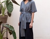 40% off Grey short sleeve blouse,loose top,waist belted shirt,knotted shirt,summer tops,casual tops,elegant top,collar