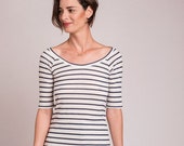 Sale 30% Off Striped T Shirt, 3/4 Sleeve Top, Womens T Shirt, Wide Boat Neck Shirt,  Women Cotton Tshirt, Nautical Top