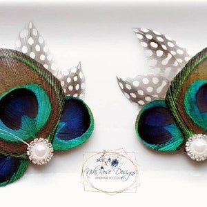 Shoe Clips Pair || Peacock Eye Feathers, Something Blue, Choose Your Color, Swarovski Pearl Rhinestone, Bridal Gifts for Her, Wedding Party