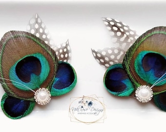 Shoe Clips Pair || Peacock Eye Feathers, Something Blue, Choose Your Color, Swarovski Pearl Rhinestone, Bridal Gifts for Her, Wedding Party