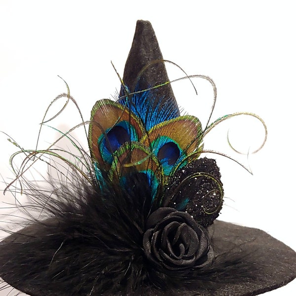 Peacock Mini Witch Hat Fascinator, | Peacock Blue Green Gold, Witches Halloween Costume, Cos play, Custom Order, Photo Prop