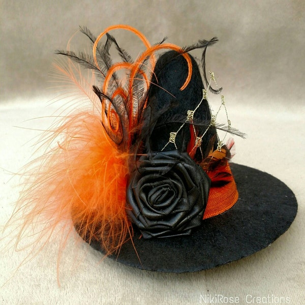 Black & Orange or Purple Mini Witch Hat, Peacock Ostrich feather- Halloween Costume, Baby hat photo prop, spooky season autumn decoration