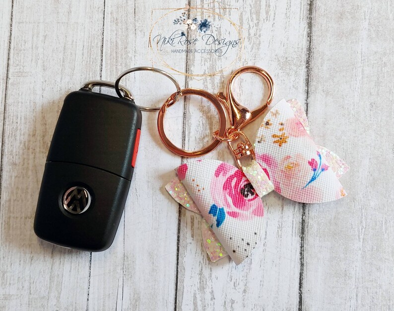Download Pink & White Floral Glitter Faux Leather Bow Keychain Key ...