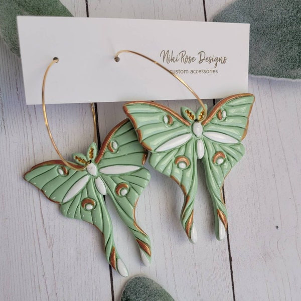Green & Gold Luna Moth Clay Earrings - Jewelry Gifts for Her, Bachelorette Party, Bridal, Birthdays, Outfit of The Day, White Butterfly