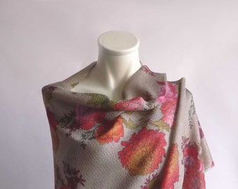 Wool&silk, light wrap, large scarf, multicolor, Chrysanthemums