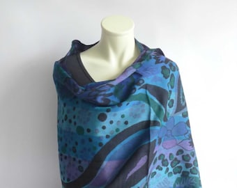Stole, XXL scarf, wool, blue, black, teal, purple
