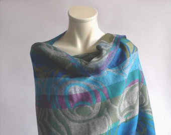 Versatile woolen wrap / large scarf, teal, turquise, blue, multicolor