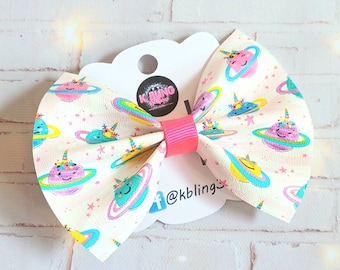 Rainbow leatherette space planet unicorn print hair bow clip