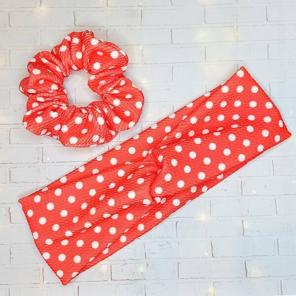 Red polkadot  stretch twisted headband and scruchies  sold separately