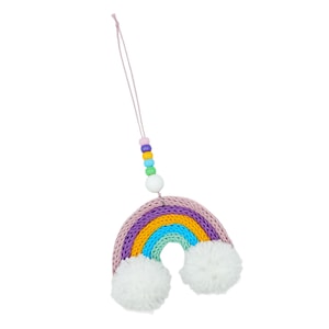 May include: A colorful rainbow-shaped ornament with a knitted design. The rainbow features layers of purple, yellow, blue, and green. White pom-poms are at the bottom. A string with beads and a white ball is attached at the top.