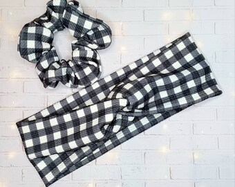 Black and white monochrome  gingham check stretch twisted headband and scruchies  sold separately