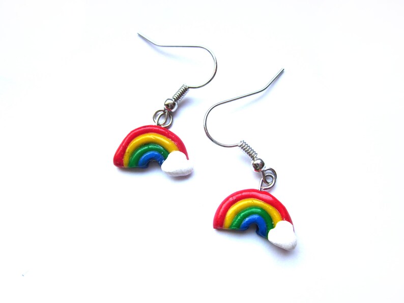 Polymer Clay Rainbow Earrings, Customised Polymer Clay Rainbow Jewellery, Kawaii Unique Colourful Earrings image 1