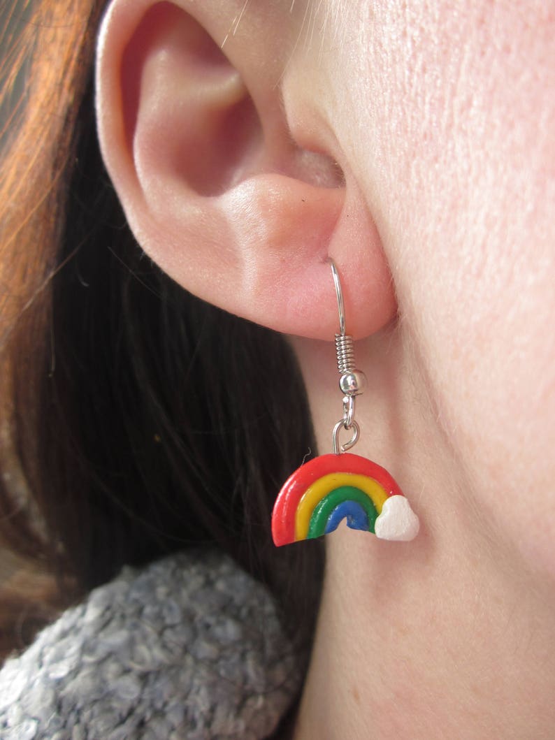 Polymer Clay Rainbow Earrings, Customised Polymer Clay Rainbow Jewellery, Kawaii Unique Colourful Earrings image 4
