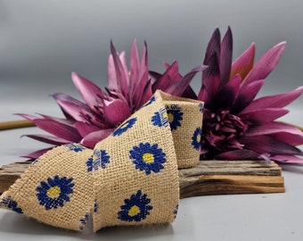 Burlap Ribbon with Blue Flowers Print - 2 meters