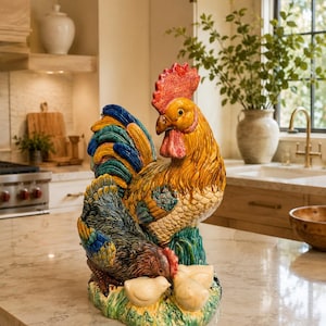 Peut inclure: Une sculpture en céramique représentant un grand coq avec une crête rouge, des plumes de cou jaunes et des plumes de queue bleues, debout au-dessus d'une poule foncée et de deux petits poussins blancs, sur une base verte texturée.