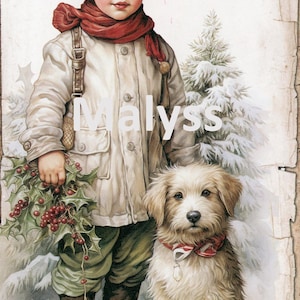 Image de Noël -Petit Garçon avec son Chien, Vintage - Fichier à Télécharger