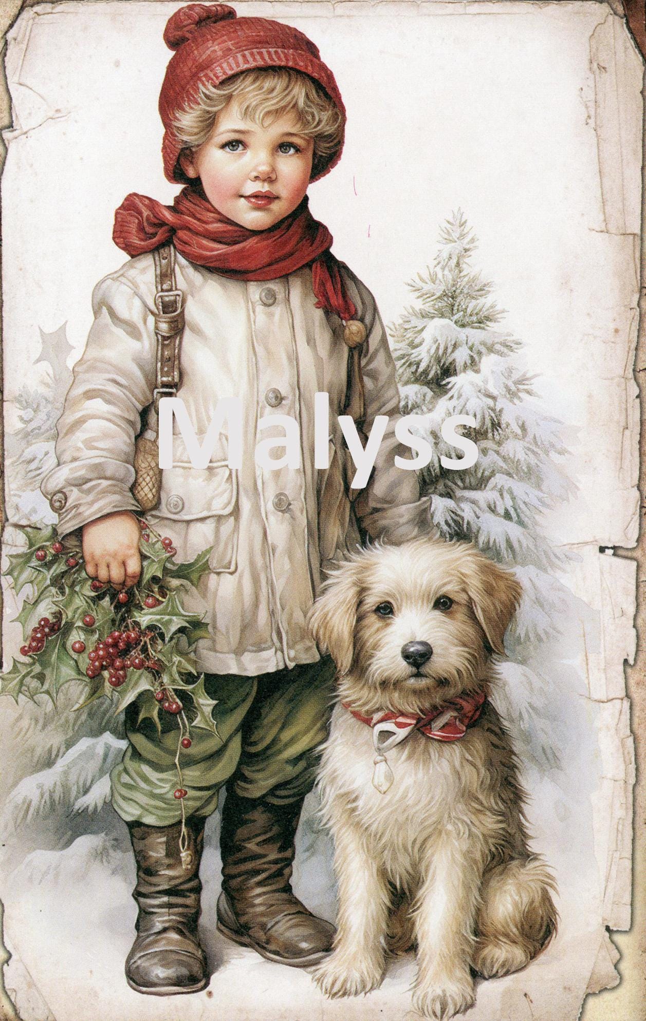 Christmas Image - Little Boy with his Dog, Vintage - Downloadable File