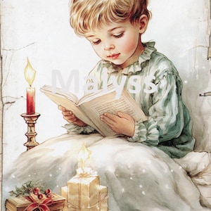 Image de Noël - Jeune Enfant qui lit un livre - Noël - Fichier à Télécharger