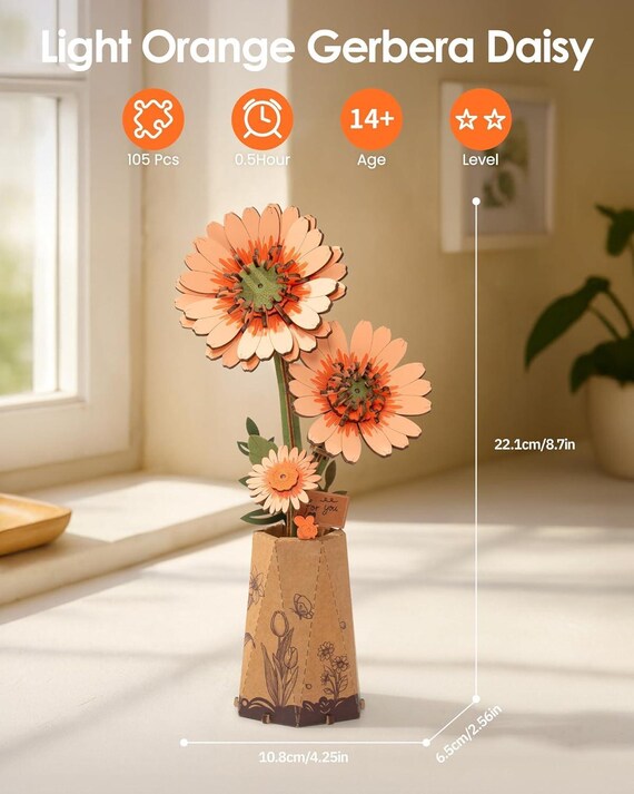 DIY Assembly Kit - 3D Wooden Puzzle - Orange Gerbera Flower - Etsy