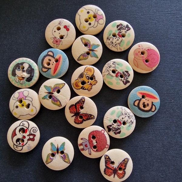 Lot de 4 boutons en bois animaux mignons