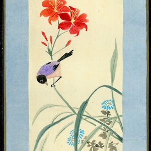 Pintura China sobre Seda pegada sobre cartón - Hecho a mano - Siglo XX - Serie Pájaros (8A/12)