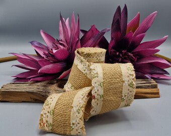 Burlap Ribbon with Small Flowers fabric - 2 meters