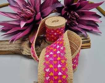 Burlap Ribbon with Pink Fabric with Hearts - 2 meters