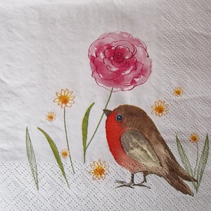 Lot de 2 serviettes en papier Petit oiseau rouge gorge et fleur rose image 1