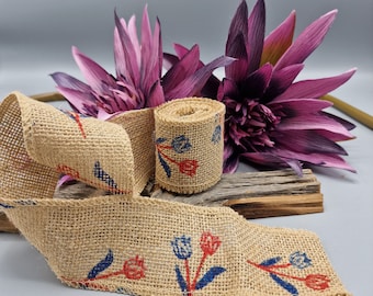 Burlap Ribbon with Blue and Red Flowers Printed - 2 meters