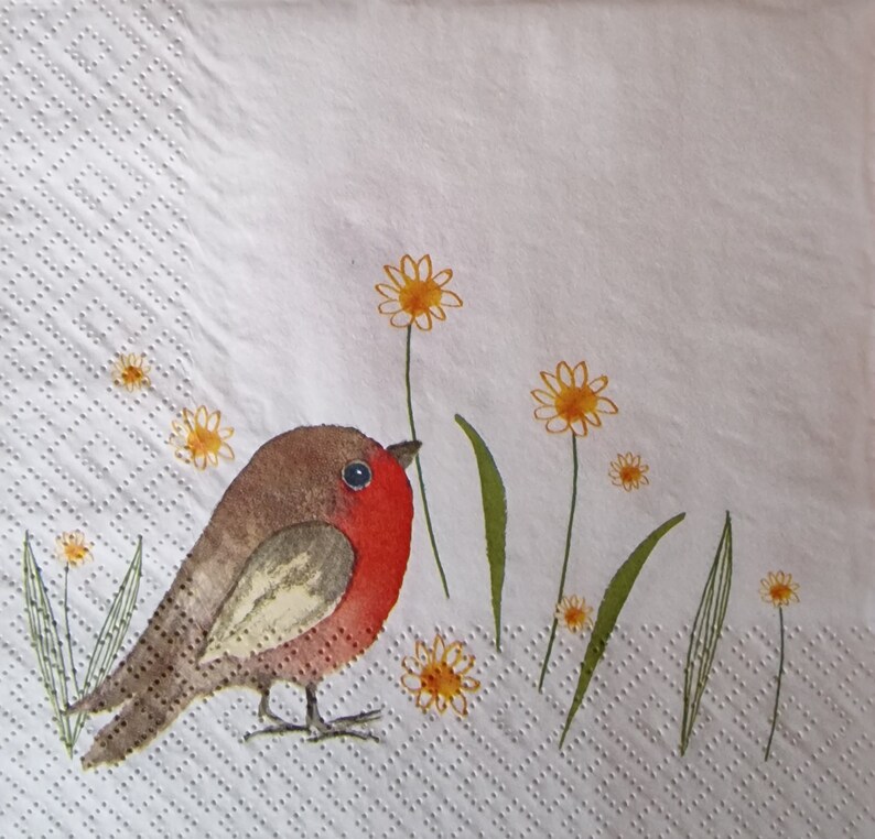 Lot de 2 serviettes en papier Petit oiseau rouge gorge et fleur rose image 2