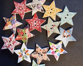 Set of 4 wooden christmas star buttons (mixed color)