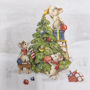 Set di 2 tovaglioli di carta - Topi al lavoro grigio chiaro - Topini e albero di Natale