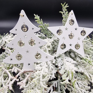 Set of 2 Christmas Hanging Pendants - White Wooden Tree Star with Bells