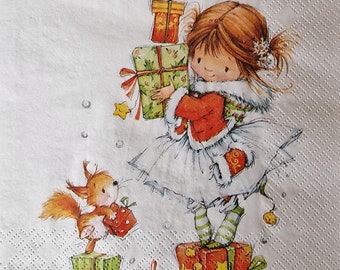 Lot de 2 serviettes en papier - Petite Fille avec des cadeaux, Noël
