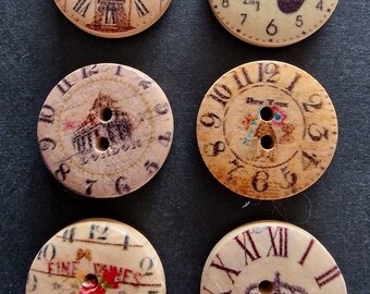 Lot de 3 boutons en bois horloge