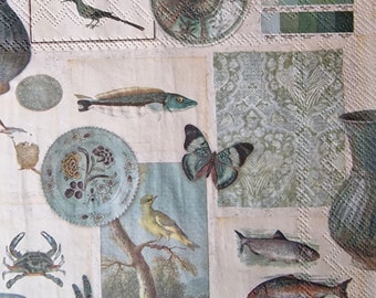 Lot de 2 serviettes en papier - collage bleu (oiseaux, papillons, poissons vintage )