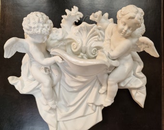 Large Stoup in Biscuit and White Porcelain with 2 Angels - Schierholz (Germany)