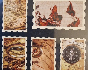 Feuillet de Stickers timbres Carte du Monde vintage au choix