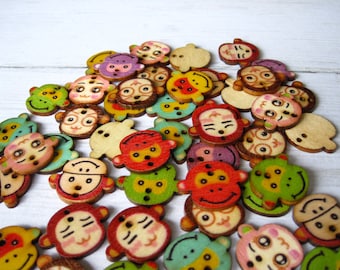 Set of 4 wooden monkey head buttons (mixed color)