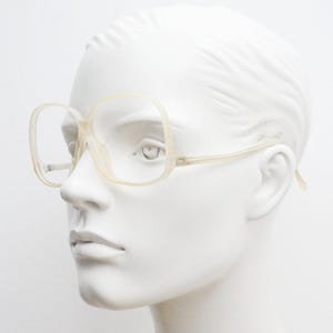 70s vintage oversized square eye glasses. Cream acetate 'upside down' optical frame with low joint arms. Womens prescription eyeglasses, RX