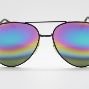 70s vintage aviator sunglasses. Black teardrop frame with real glass petrol colourburst mirror lenses. Mens pilot aviators. Unused 1970s NOS